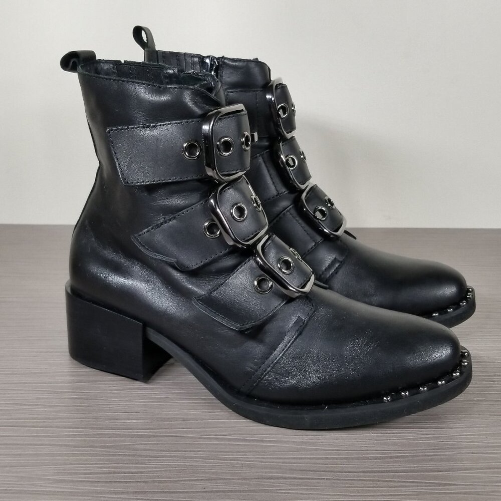 Jeffrey Campbell Todd Buckle Strap Bootie, Black Leather, Womens Size 6 M